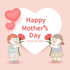 Mother's day card design. Child holding carnation with heart shape background design.