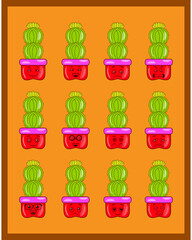 Colorful cartoon kawaii cactus and pots with different emotions. Life is better with a cactus.
