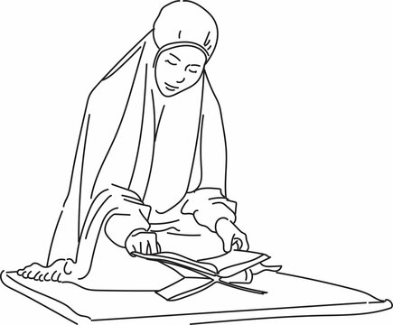 Line Art Illustration of a Muslim woman reading Holy Qur'an
