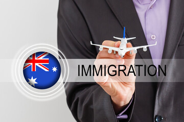 australia flag and virtual immigration button - obrazy, fototapety, plakaty