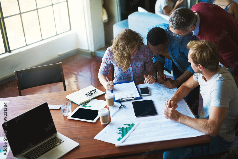 Poster teamwork is the best way have a productive workday. shot of a diverse group of businesspeople collab