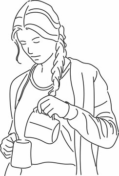 Line Art of a female Barista pouring coffee into cup located in coffee shop