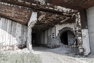 Fototapeta na wymiar Entrance of abandoned Crimean Atomic Energy Station. Kazantyp