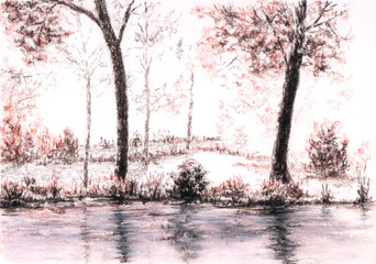 Naklejka na ściany i meble Landscape with trees over water surface. Ink, red pencil and chalk on paper.