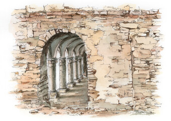 Ancient architecture. Graphite pencil and watercolor on paper.