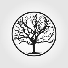 Black silhouette of a dead tree in a circle. Vector illustration.