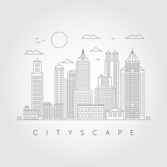 Fototapeta premium Illustration of urban landscape street with cars, skyline city office buildings, on light background.
