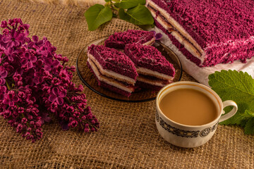 Obraz na płótnie Canvas Purple Taro Cake .Top view, flat lay, copy space.