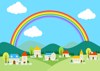 虹のかかるモダンな里山背景ヨコ © nana10n no AI