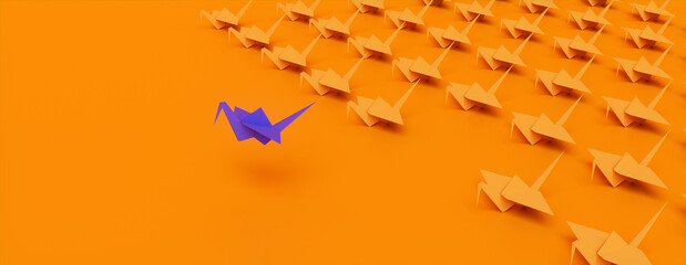 Blue Origami Bird Leading the Group. Minimalist Manager Concept on Orange Background with Copy Space.