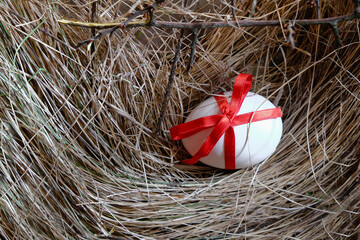 Egg with a red ribbon on the hay.