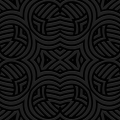 Vintage embossed black background, cover design. Geometric abstract 3D pattern, ethnic texture. Creativity of the peoples of the East, Asia, India, Mexico, Aztecs, Peru in the art deco style.