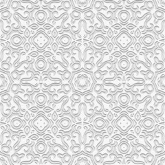 Vintage embossed white background, cover design. Geometric openwork 3D pattern, ethnic texture. Creativity of the peoples of the East, Asia, India, Mexico, Aztecs, Peru in the art deco style.