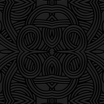 Vintage embossed black background, cover design. Geometric creative 3D pattern, ethnic texture. Creativity of the peoples of the East, Asia, India, Mexico, Aztecs, Peru in the art deco style.