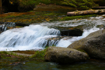 Fototapeta premium Cold clear water flows through the rocks in the forest, spring.
