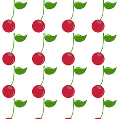 Red cherries with green leaves. Seamless pattern on a transparent background with cherry berries. For printing on fabrics, textiles, paper, interior decor, use background, digital, web.