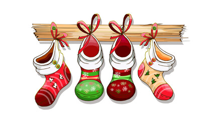 Christmas knee-high boots, vector design four Christmas boots of different colors hang on a wooden paddle, hand-drawing