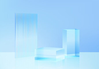 3d background platform with blue glass modern. Background vector 3d rendering crystal podium platform. stand show cosmetic product. Stage showcase on pedestal modern glass studio platform