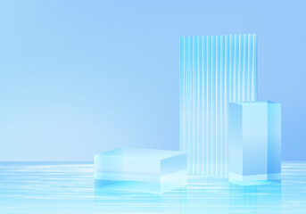 3d background platform with blue glass in water. Background vector 3d rendering crystal podium platform. stand show cosmetic product. Stage showcase on pedestal modern glass studio in water platform