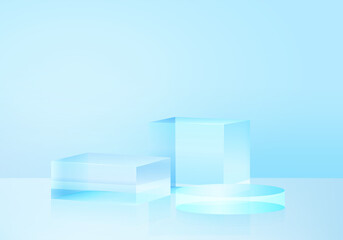 3d background platform with blue glass modern. Background vector 3d rendering crystal podium platform. stand show cosmetic product. Stage showcase on pedestal modern glass studio platform