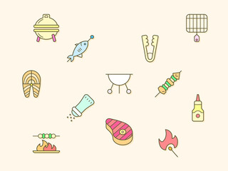 Naklejka na ściany i meble Vector illustration of a barbecue and Grill elements. Contains such as BBQ, picnic, camping, meat, steak, food, outdoor, hiking, sausages, beef and more.