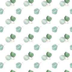 Seamless watercolor floral pattern - green eucalyptus leaves on white background. Hand painted illustration for design, print, fabric, wallpapers, postcards, greeting cards