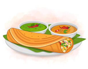 Dosa vector illustration with sambhar and green chutney