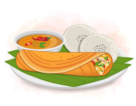 Dosa And Idly Vector Illustration With Sambhar