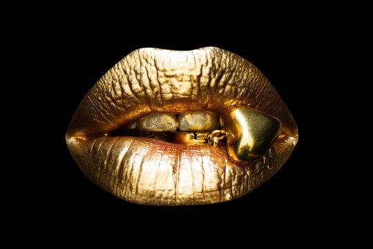 Gold Sexy Female Lips, Beautiful Lips, Beauty Golden Woman Mouth. Shine Metalized Lip. Jewelry Concept.