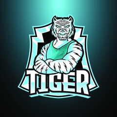 Tiger Crossed Arm E-Sport Logo, Mascot, and Emblem Template Isolated Vector. Illustration Logo. Suitable for Game, Streamer, and E-Sport Team.