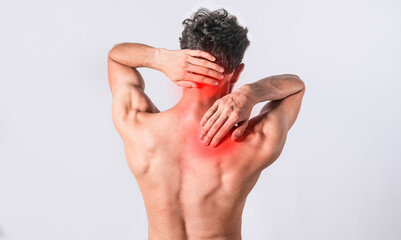 Neck and back pain concept, man with neck and back muscle pain, Close up of man with neck and back...