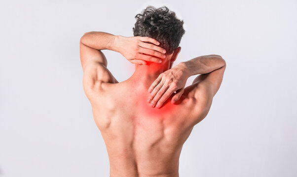 Neck and back pain concept, man with neck and back muscle pain, Close up of man with neck and back pain, a man with muscle pain on isolated background.