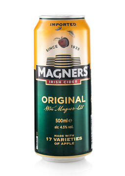 LONDON,UK - FEBRUARY 15,2022: Magners premium apple Irish cider on white background.