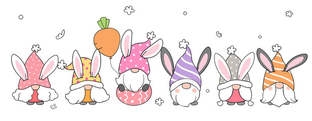 Draw banner bunny gnomes for easter and spring