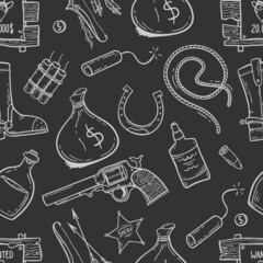 A pattern with elements of the wild West in the doodle style on a black background Vector illustration