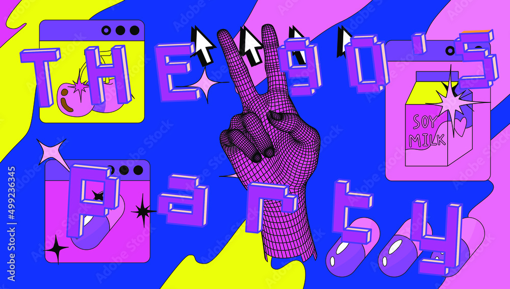 Aufkleber 3D vector illustration of a low-poly hand and Collage of user interface elements.