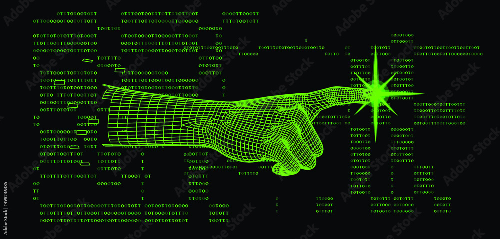 Poster Low-poly 3D hand on dark background with binary code. Retrofuturistic cyberpunk style illustration.