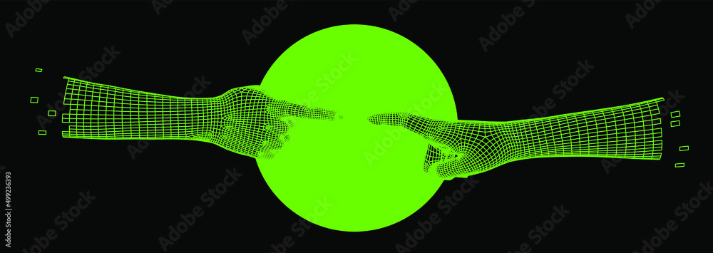 Poster low-poly 3d hands going to touch together. vector illustration in retrofuturistic cyberpunk style.