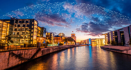Fototapety  Global network 5G connection concept over panorama city view of Berlin, Germany. Networking and connection with smart digital city background.