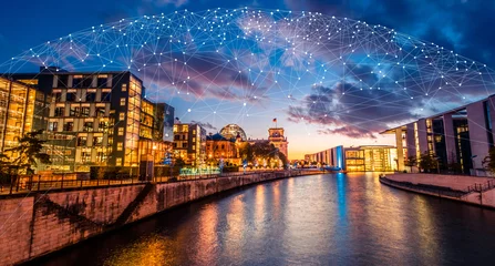 Foto op Canvas Global network 5G connection concept over panorama city view of Berlin, Germany. Networking and connection with smart digital city background. © Ievgen Skrypko