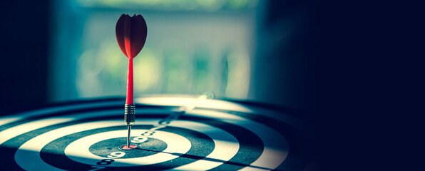 Bullseye target goal or dartboard has dart arrow throw hitting center shooting for financial...