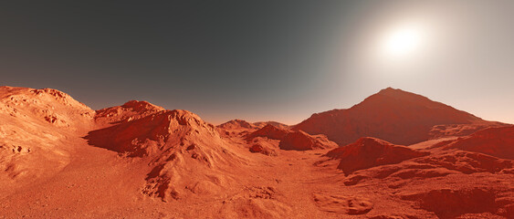 Mars planet landscape, 3d render of imaginary mars planet terrain, orange eroded desert with mountains and sun, realistic science fiction illustration. © Cobalt
