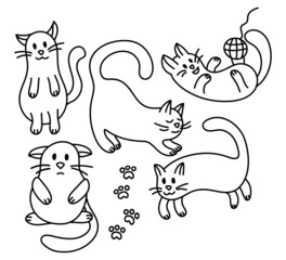 Collection of vector stickers of cute black contour of cats. Vector illustration