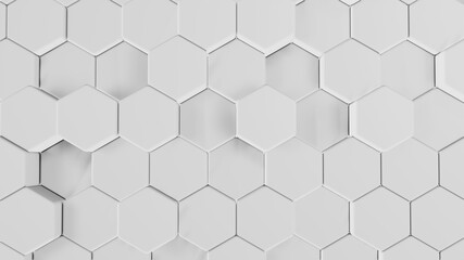 White hexagons geometric background, abstract white grey shapes stacks, 3D render technology illustration.