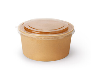 Paper food container with plastic lid isolated on white background. Packaging template mockup...