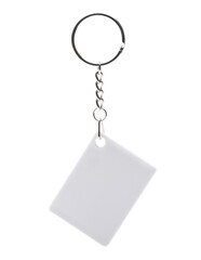 Mockup of rectangular key holder with metal ring isolated on white background