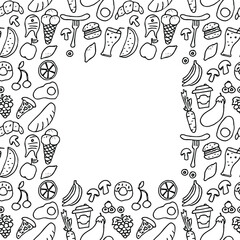 Doodle vector with food icons on white background. seamless pattern with food icons and place for text