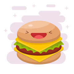 Colored kawaii burger icon. Smiling burger.Vector flat illustration. Icon, sticker.