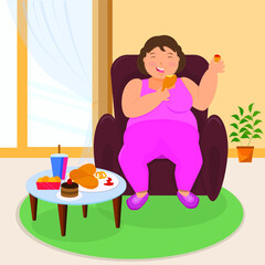 Woman eating fried chicken, fat woman, enjoying eating.