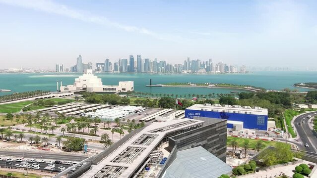 Doha, capital city of Qatar, cityscape with skyscrapers skyline of West Bay - landscape panorama of Arabian Peninsula from above, West Asia